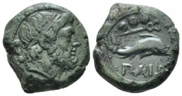Lucania, Poseidonia as Paestum Quadrans circa 218-211, Æ 18mm., 5.41g. Diademed male head r.; behind, three pellets. Rev. Dolphin r.; above, caduceus ...