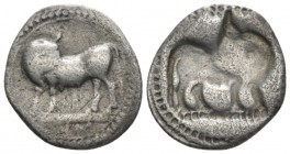 Lucania, Sybaris Drachm circa 550-510, AR 18mm., 2.20g. Bull standing l. on dotted exergual line, looking backward. Rev. The same type incuse. SNG ANS...