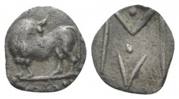 Lucania, Sybaris Obol circa 550-510, AR 11mm., 0.40g. Bull standing l., head turned back. Rev. Large double M. BMC 13. Historia Numorum Italy 1739

...