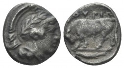 Lucania, Thurium Diobol circa 443-400, AR 13mm., 1.25g. AR 12mm, 1.25g. Head of Athena r., wearing crested helmet decorated with wreath. Rev. Bull adv...