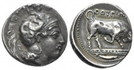 Lucania, Thurium Nomos signed by Molossos circa 400-350 BC, AR 21.5mm., 7.97g. Head of Athena r., wearing crested Attic helmet decorated with Scylla h...