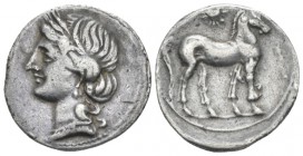 Bruttium, Carthaginian occupation Half shekel, circa 216-211, AR 20mm., 3.98g. Wreathed head of Tanit l. Rev. Horse standing r.; solar disk above. SNG...