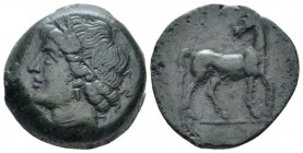 Bruttium, Carthaginian occupation Bronze circa 215-205, Æ 20mm., 7.89g. Diademed head of Tanit l. Rev. Horse standing r., head l. SNG Copenhagen 376. ...