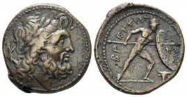 Bruttium, Brettii Unit circa 211-208, Æ 21mm., 8.18g. Laureate head of Zeus r.; thunderbolt behind. Rev. Naked warrior advancing r., holding shield an...