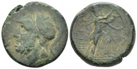 Bruttium, Brettii Double Unit circa 208-204, Æ 25mm., 15.88g. Head of Ares l., wearing Corinthian helmet decorated with a griffin. Rev. Athena advanci...