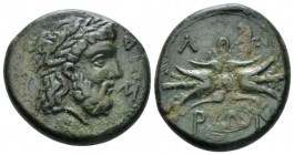 Bruttium, Lokri Epizephrioi Bronze circa 300-268, Æ 21mm., 9.81g. Laureate head of Zeus r. Rev. Thunderbolt. SNG ANS 540. Historia Numorum Italy 2358....