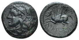 Bruttium, Lokri Epizephrioi Bronze circa 300-268, Æ 14mm., 2.72g. Hed of Heracles l., wearing lion-skin headdress. Rev. Pegasus flying l. SNG ANS 580....