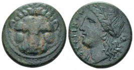 Bruttium, Nuceria Bronze circa 300, Æ 21mm., 8.10g. Lion-mask. Rev. Head of Apollo l.; behind, crab. SNG Morcom 443. Historia Numorum Italy 2437.

N...