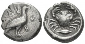 Sicily, Agrigentum Didrachm circa 480-470, AR 20mm., 8.40g. Eagle standing r. with wings closed. Rev. Crab; below, grain. BMC 27 (these dies). Westerm...