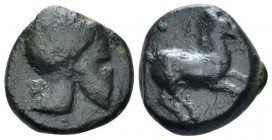 Sicily, Campanian mercenaries Entella Bronze circa 342-339, Æ 16mm., 3.85g. Campanian helmet r. Rev. Horse galloping r. Campana 12. Calciati 14.

Da...