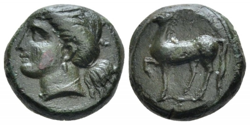 Sicily, Eryx Bronze IV century BC, Æ 15mm., 5.43g. Female head l. Rev. Horse ste...