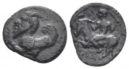 Sicily, Himera Litra circa 470-450, AR 12mm., 0.64g. Forepart of a winged and horned, man-headed monster l. Rev. Nude youth riding goat prancing l., h...