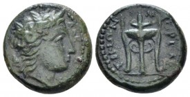Sicily, Morgantina Uncia circa 334-317, Æ 16mm., 3.23g. Laureate head of Albos r. Rev. Tripod. Calciati 7. SNG ANS 470.

Rare. Attractive green pati...