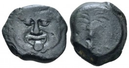 Sicily, Motya Tetras circa 415/10-397, Æ 18mm., 5.39g. Facing gorgoneion with protruding tongue; three pellets below. Rev. Palm tree. SNG ANS –. Calci...