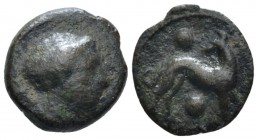 Sicily, Segesta Hexas circa 470-405, Æ 16mm., 2.26g. , Æ 15mm, 2.26g. Head of nympg r. Rev. Hound standing r., head l; around, two pellets. SNG ANS 66...