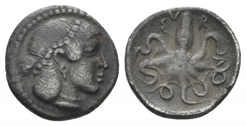 Sicily, Syracuse Litra circa 466-460, AR 13mm., 0.77g. Head of Arethusa r., wear...