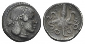 Sicily, Syracuse Litra circa 466-460, AR 13mm., 0.77g. Head of Arethusa r., wearing pearl tainia. Rev. Octopus. Boehringer 426. SNG ANS 132.

Attrac...