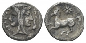 Sicily, Syracuse 2 Litrae circa 344-317, AR 14mm., 1.50g. Janiform female head; in r. field, two dolphins. Rev. Horse prancing r. SNG Copenhagen 718. ...