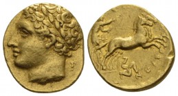 Sicily, Syracuse Decadrachm - 50 Litrae circa 317-310, AV 17mm., 4.25g. Laureate head of Apollo l.; in r. field, cantharus. Rev. Charioteer driving bi...