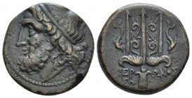 Sicily, Syracuse Bronze circa 275-216, Æ 19.2mm., 5.62g. Head of Poseidon l. Rev. Trident between two dolphins. SNG ANS 1002. Calciati 194.

Attract...