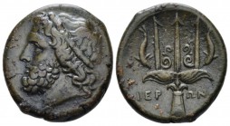 Sicily, Syracuse Bronze circa 263-218, Æ 24mm., 8.16g. Head of Poseidon l., wearing tainia. Rev. Ornamented trident head flanked by two dolphins. Calc...