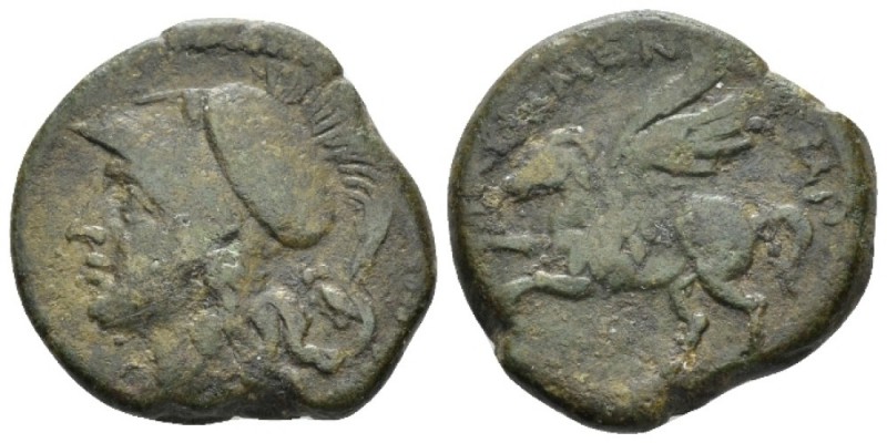 Sicily, Tauromenium Tetras or Quadrans circa 210-200, Æ 23mm., 7.10g. Helmeted h...