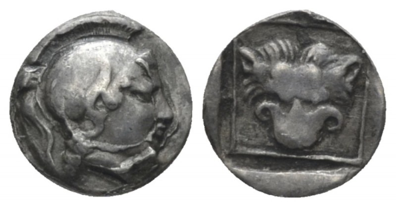 Lesbos, Mytilene Trihemiobol circa 412-378, AR 10mm., 0.74g. Helmeted head of At...