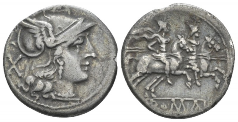 Denarius after 211, AR 19.1mm., 3.53g. Helmeted head of Roma r.; behind, X. Rev....