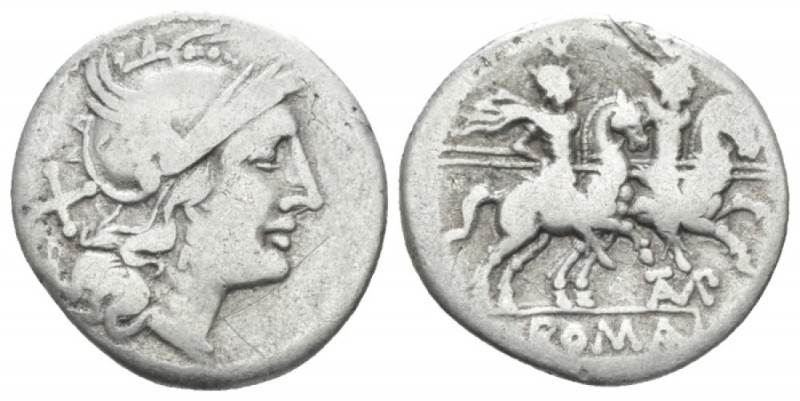 TAMP series Denarius circa 194-190, AR 18mm., 3.36g. Helmeted head of Roma r.; b...