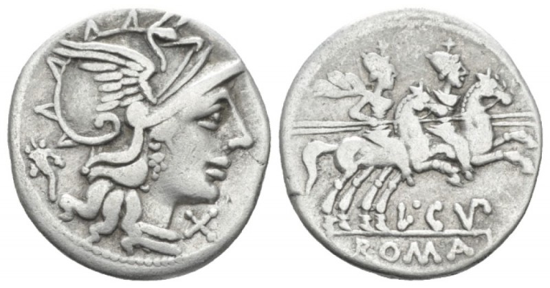 L. Cupiennus. Denarius circa 147, AR 18mm., 3.73g. Helmeted head of Roma r.; beh...