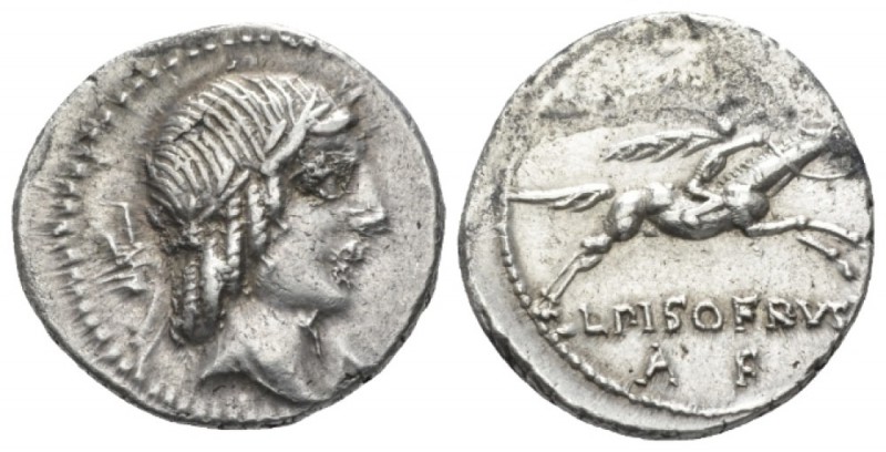 L. Calpurnius Piso Frugi. Denarius circa 90, AR 18.8mm., 3.98g. Laureate head of...