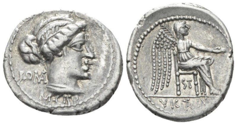 M. Cato. Denarius circa 89, AR 21mm., 3.96g. Diademed and draped female bust r.,...