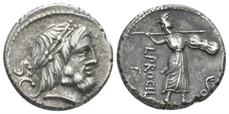 L. Procilius. Denarius circa 80, AR 18mm., 4.29g. Laureate head of Jupiter r.; b...