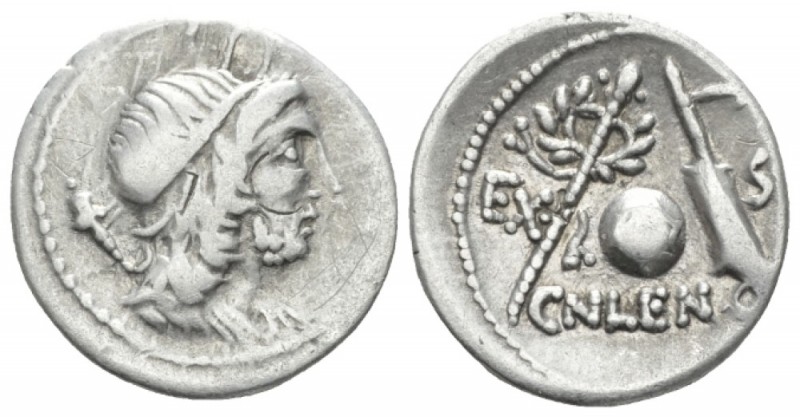 Cn. Cornelius Lentulus. Denarius Spain (?) 76-75, AR 19mm., 3.88g. Draped bust o...