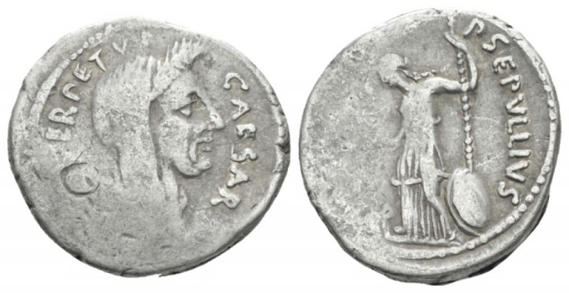 Iulius Caesar and P. Sepullius Macer. Denarius circa 44, AR 19mm., 3.49g. CAESAR...