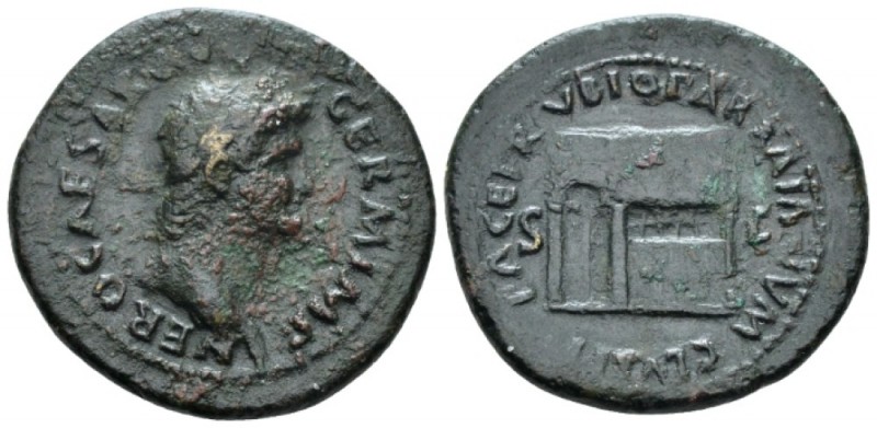 Nero, 54-68 As circa 65, Æ 28mm., 10.06g. Laureate head r. Rev. The temple of Ja...