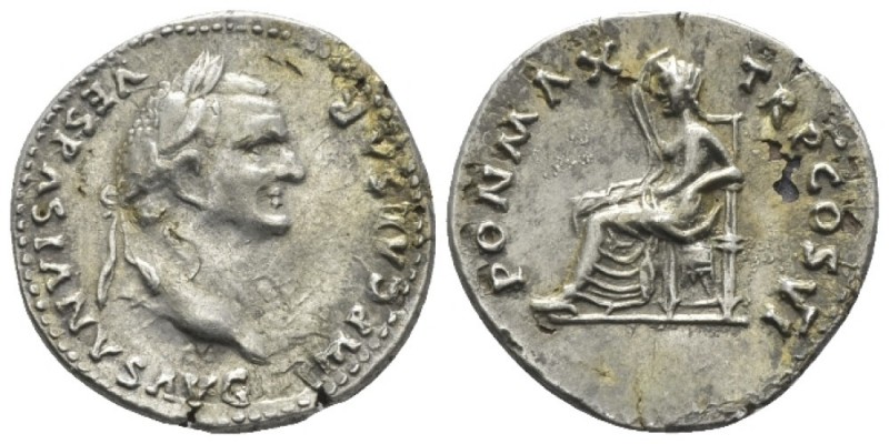 Vespasian, 69-79 Plated denarius circa 75, AR 20mm., 3.05g. Laureate head r. Rev...