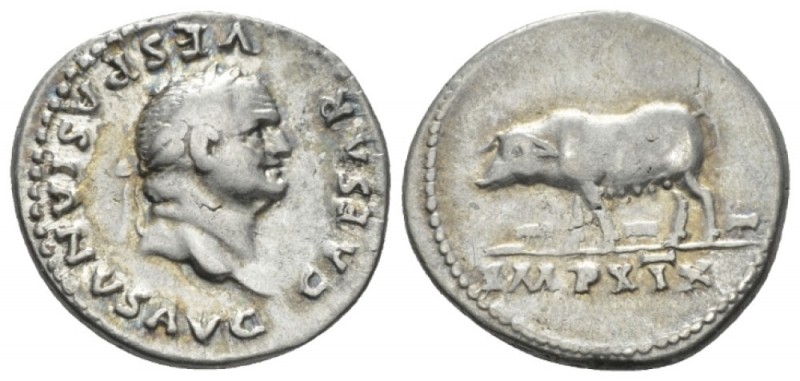 Vespasian, 69-79 Denarius circa 77-78, AR 19mm., 3.53g. Laureate head r. Rev. So...