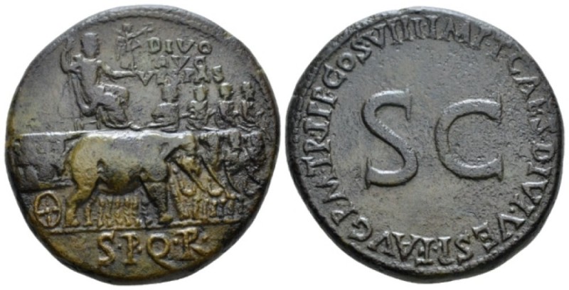 Divus Vespasianus Sestertius Circa 80-81, Æ 32.5mm., 18.84g. Seated statue of Di...