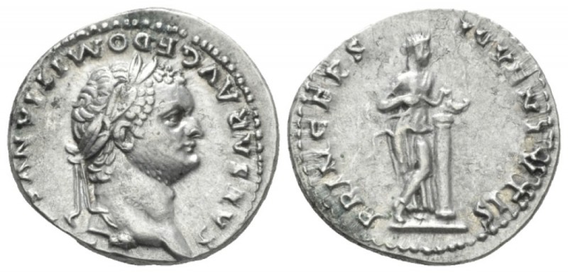 Domitian Caesar, 69-81 Denarius circa 79, AR 19mm., 3.52g. Laureate head r. Rev....