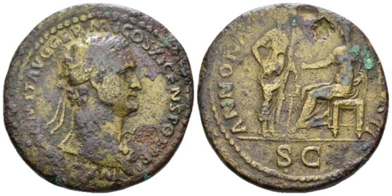 Domitian, 81-96 Sestertius circa 85, Æ 34mm., 24.39g. Laureate bust r. wearing a...