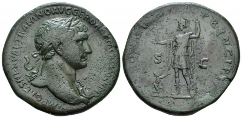 Trajan, 98-117 Sestertius circa 103-111, Æ 33mm., 25.86g. Laureate bust r., drap...