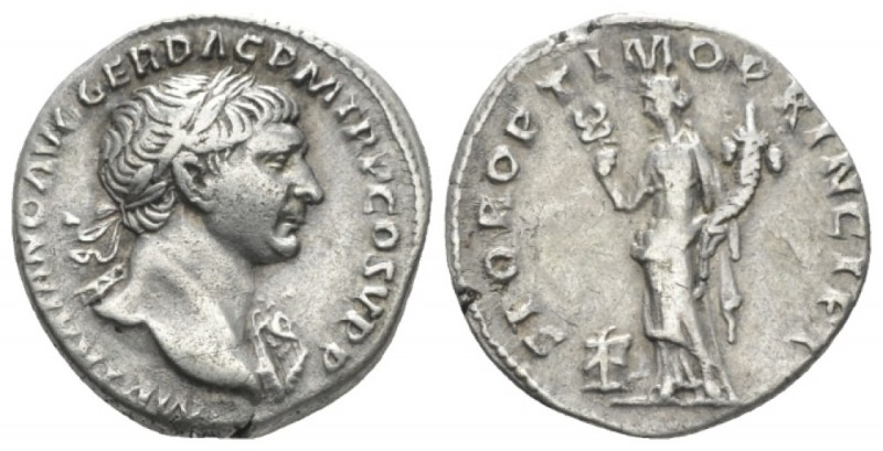 Trajan, 98-117 Denarius circa 106-107, AR 18mm., 3.47g. Laureate bust r., wearin...