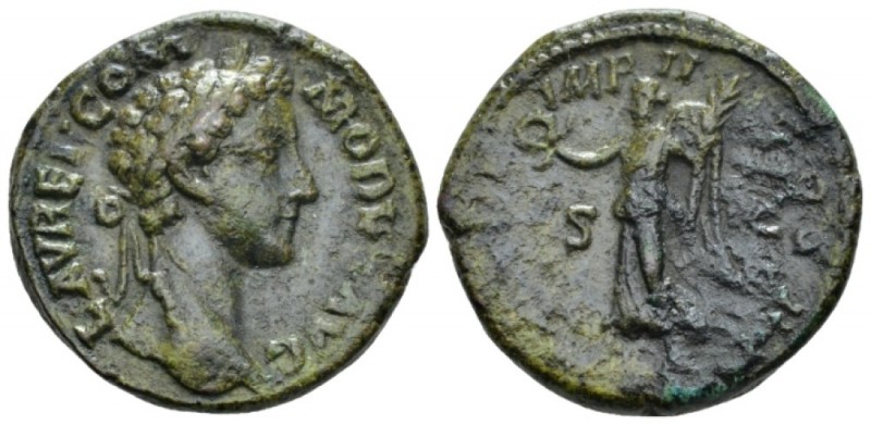 Commodus, 177-192 As circa 178, Æ 25mm., 9.47g. Laureate head r. Rev. Victory ad...