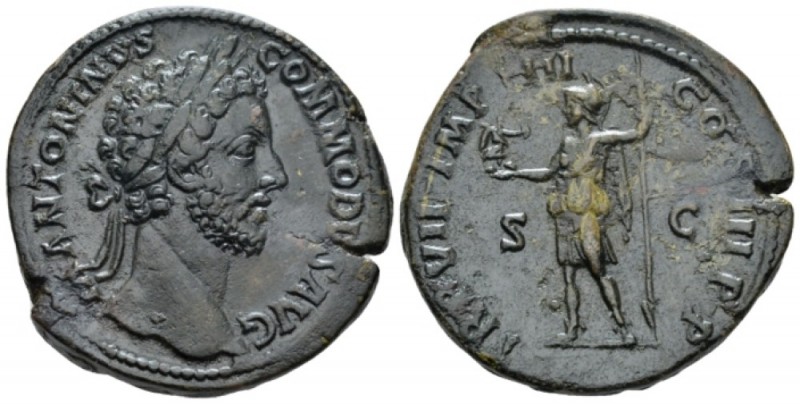 Commodus, 177-192 Sestertius circa 181-182, Æ 32.8mm., 24.66g. Laureate head r. ...