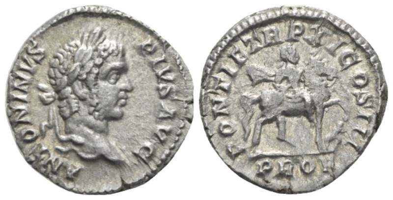 Caracalla, 198-217 Denarius circa 208, AR 19mm., 3.01g. Laureate head r. Rev. Th...