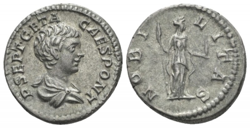 Geta Caesar, 198-209. Denarius circa 200-202, AR 18mm., 3.37g. Bare-headed and d...