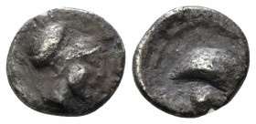 Campania, Cumae Obol circa 475-455, AR 9.5mm., 0.88g. Helmeted head of Athena right. Rev. Mussel shell, KY (retrograde) above. Historia Numorum Italy ...