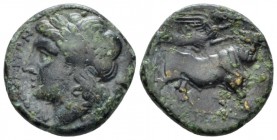 Campania, Neapolis Bronze circa 275-250, Æ 18mm., 4.25g. Laureate head of Apollo l. Rev. Man-headed bull walking r., being crowned by Nike flying r. a...