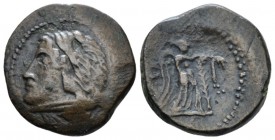 Apulia, Ausculum Bronze circa 240, Æ 19mm., 4.58g. Head of Heracles l., holding club on shoulder. Rev. Nike standing r., attaching a taenia with penda...